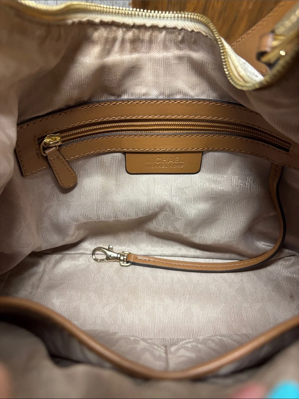 Michael Kors Cream and Brown MK Logo Shoulder Hobo